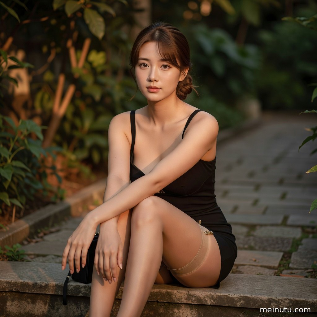 成年女性在柔和自然光下侧身回眸，展现长腿欧巴 黄昏 自然光的场景层次与光影。