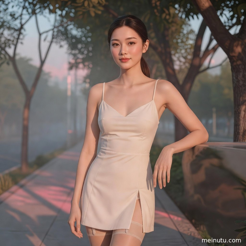 长腿美女以黑色长腿筒搭配简约裙装，三分法构图呈现黄昏人像氛围。