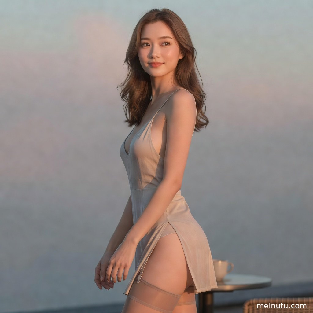亚洲成年女性黑色长腿袜全身人像，侧光营造柔和高级的美腿写真氛围。