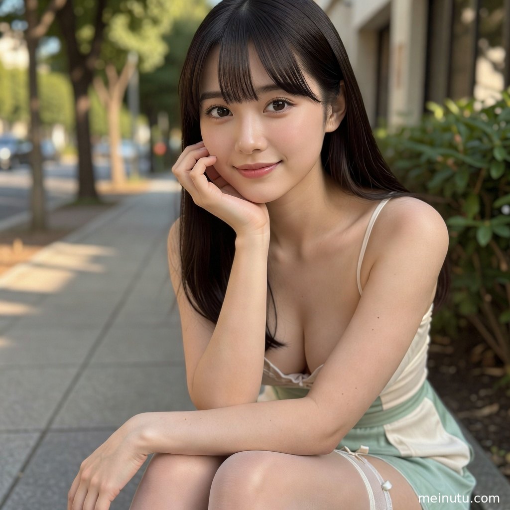 俯拍视角呈现丝袜美女坐姿造型，柔和光影营造温暖人像氛围。