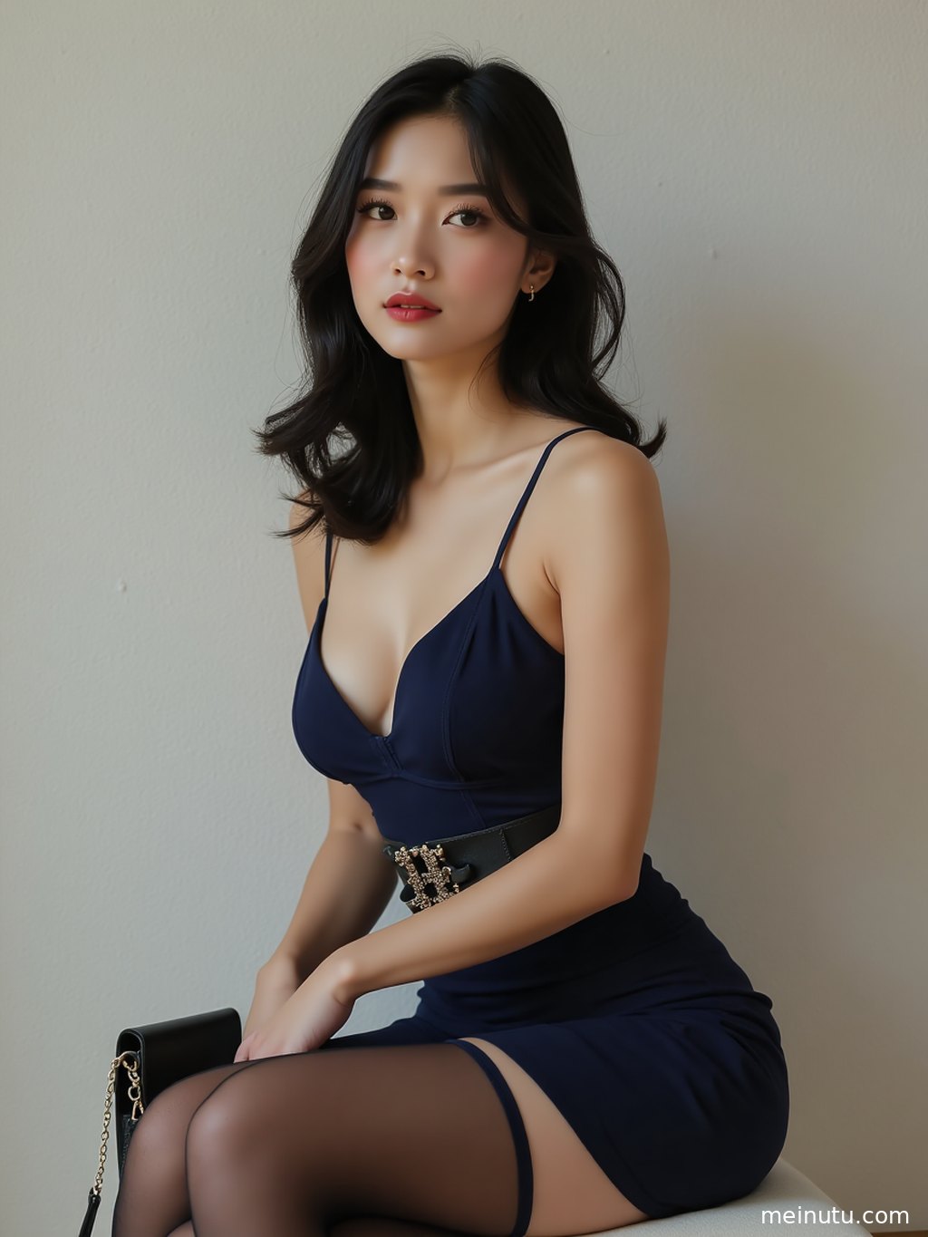 An adult Asian woman poses in thigh high stockings as soft morning light highlights her long legs.