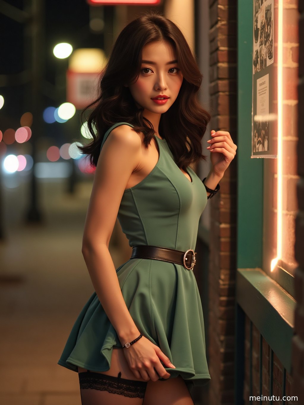 Detailed stockings outfit photo with smooth skin highlights and soft shadows in a calm indoor setting.