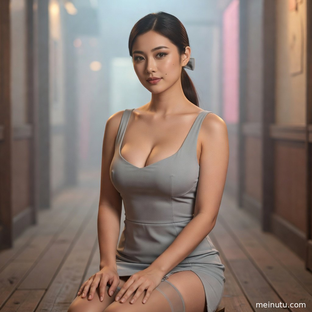 年轻成年女性在阴天漫射光下呈现白皙肤色与修长腿部，画质清晰适合作为写真壁纸。