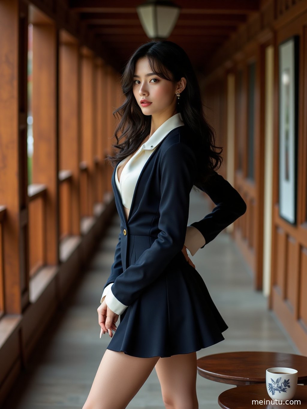 Adult woman turning slightly in soft indoor light, wearing thigh high stockings with a confident asian women portrait style.