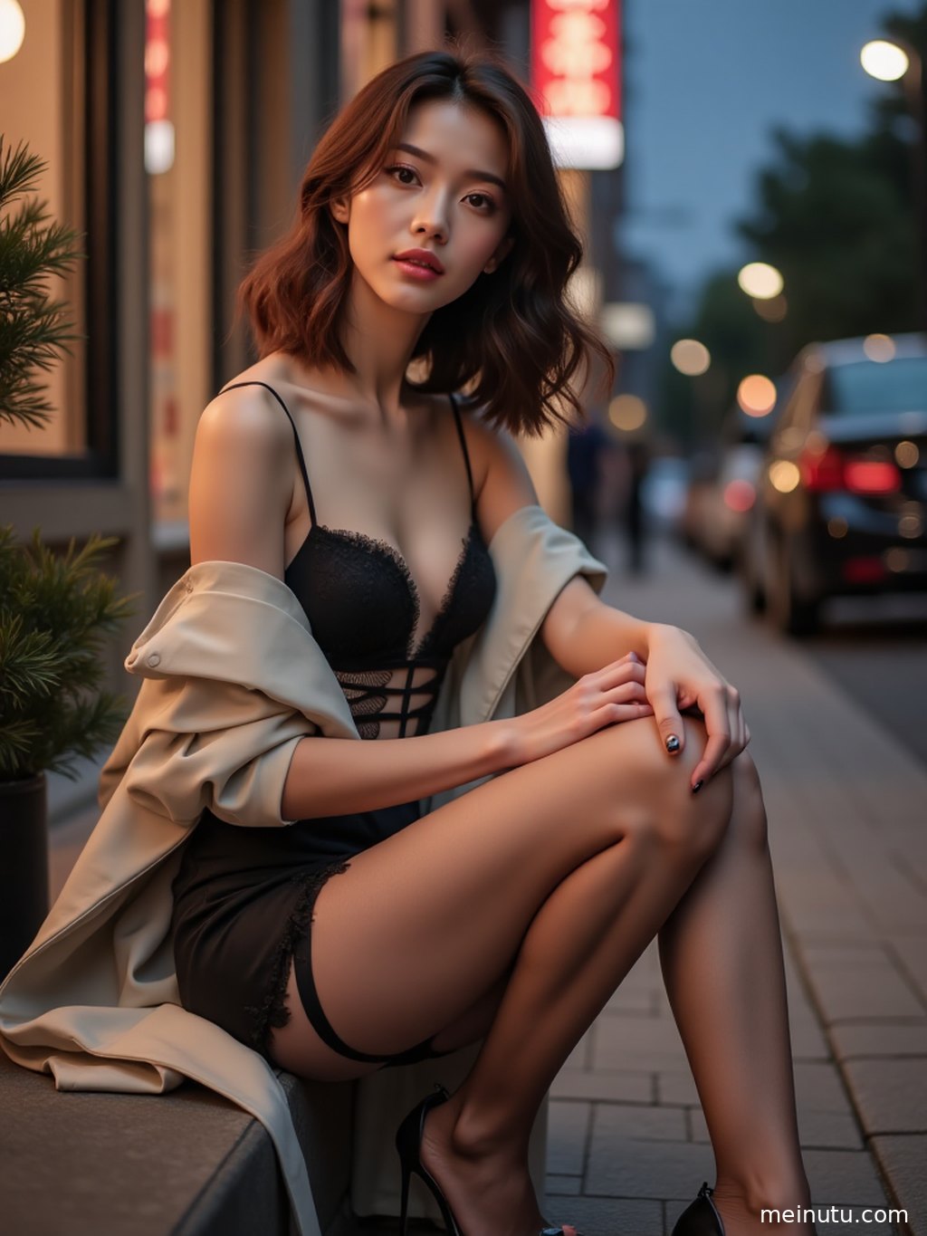 Adult woman wearing black thigh high stockings and high heels, posing confidently by a bright window.