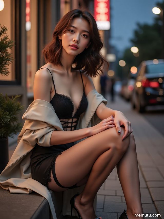 Asian Women Black Thigh High Stockings Outfit by the Window - Sexy High Heel Portrait Photos