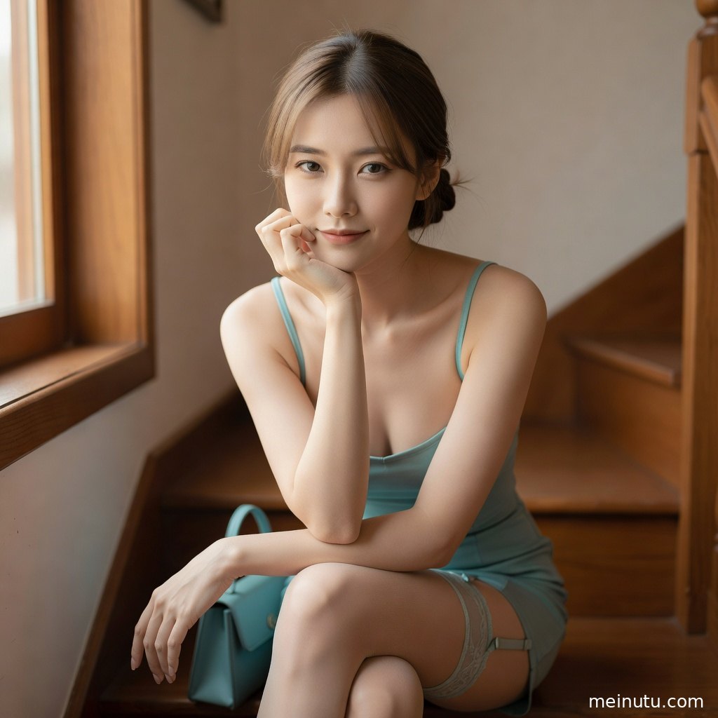 暖光洒入窗边，丝袜美女坐姿突出腿部线条与高清质感。