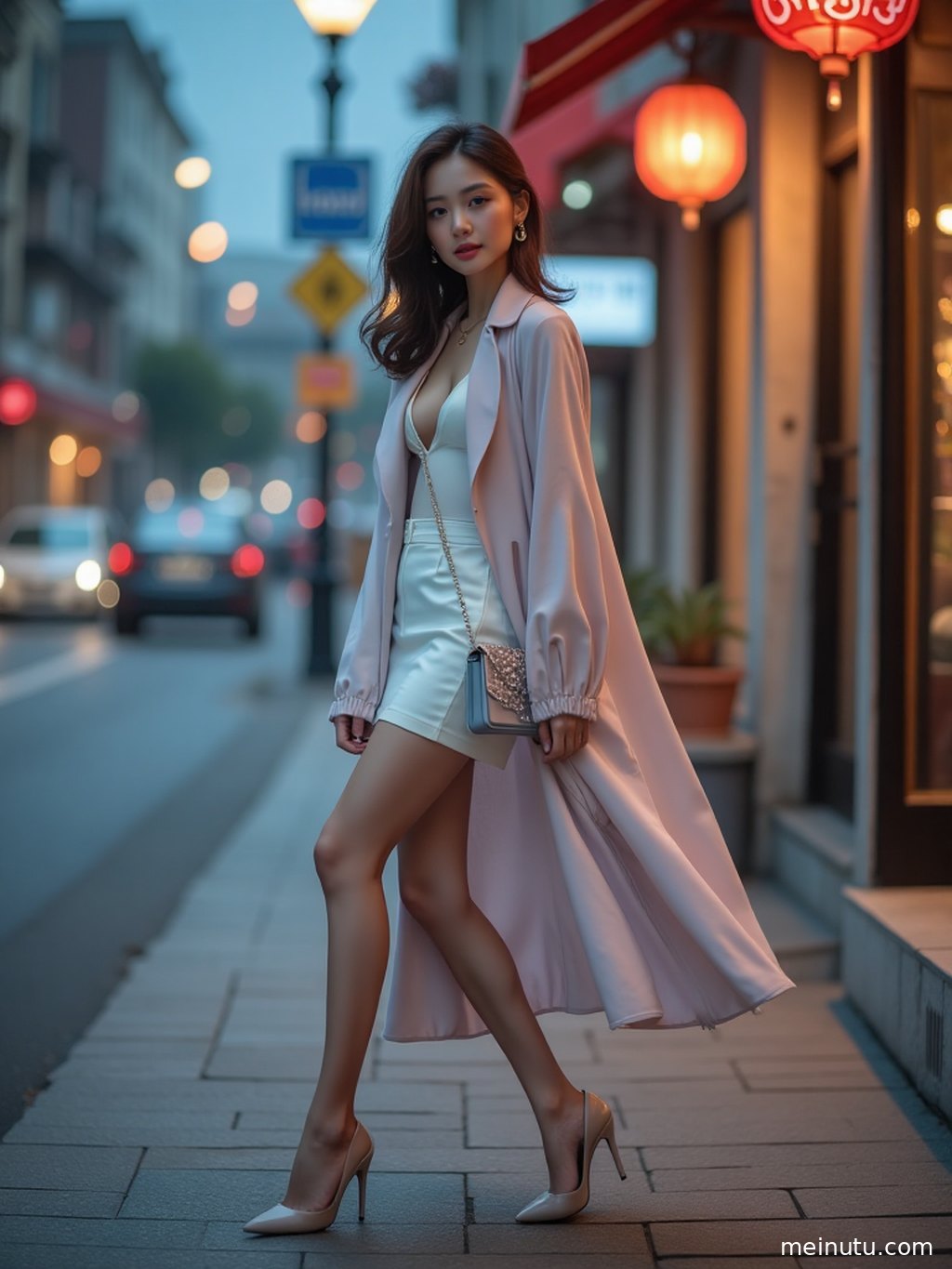 An adult asian model in a cozy home-inspired stockings outfit shows elegant legs in a warm, relaxed setting.