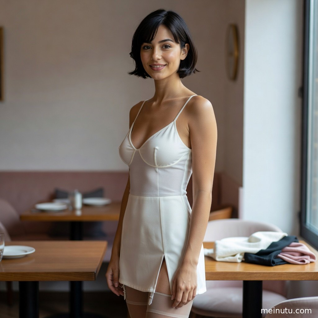 年轻成年女性坐在窗前，黑色丝袜与柔和光影呈现优雅美腿写真。