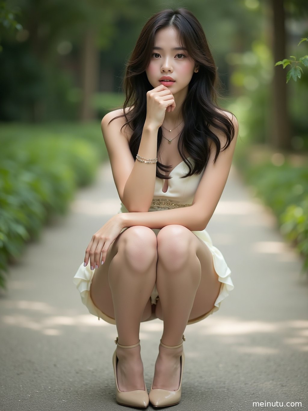Adult Asian model leaning by the window in a graceful stockings outfit, with soft light creating a cinematic portrait wallpaper look.