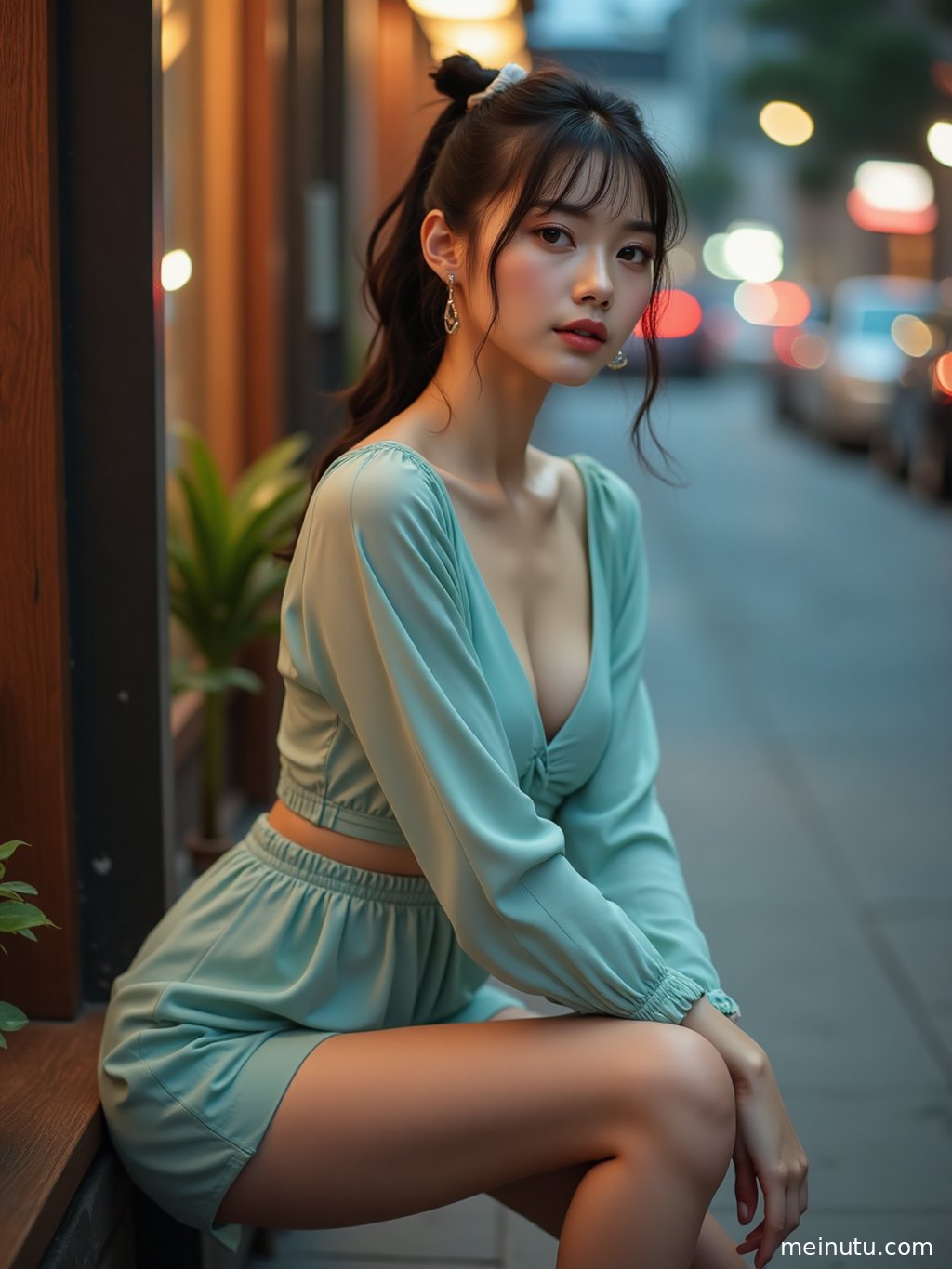 Adult Asian woman in a calm window-side setting, with soft shadows emphasizing the black stockings outfit and cinematic mood.