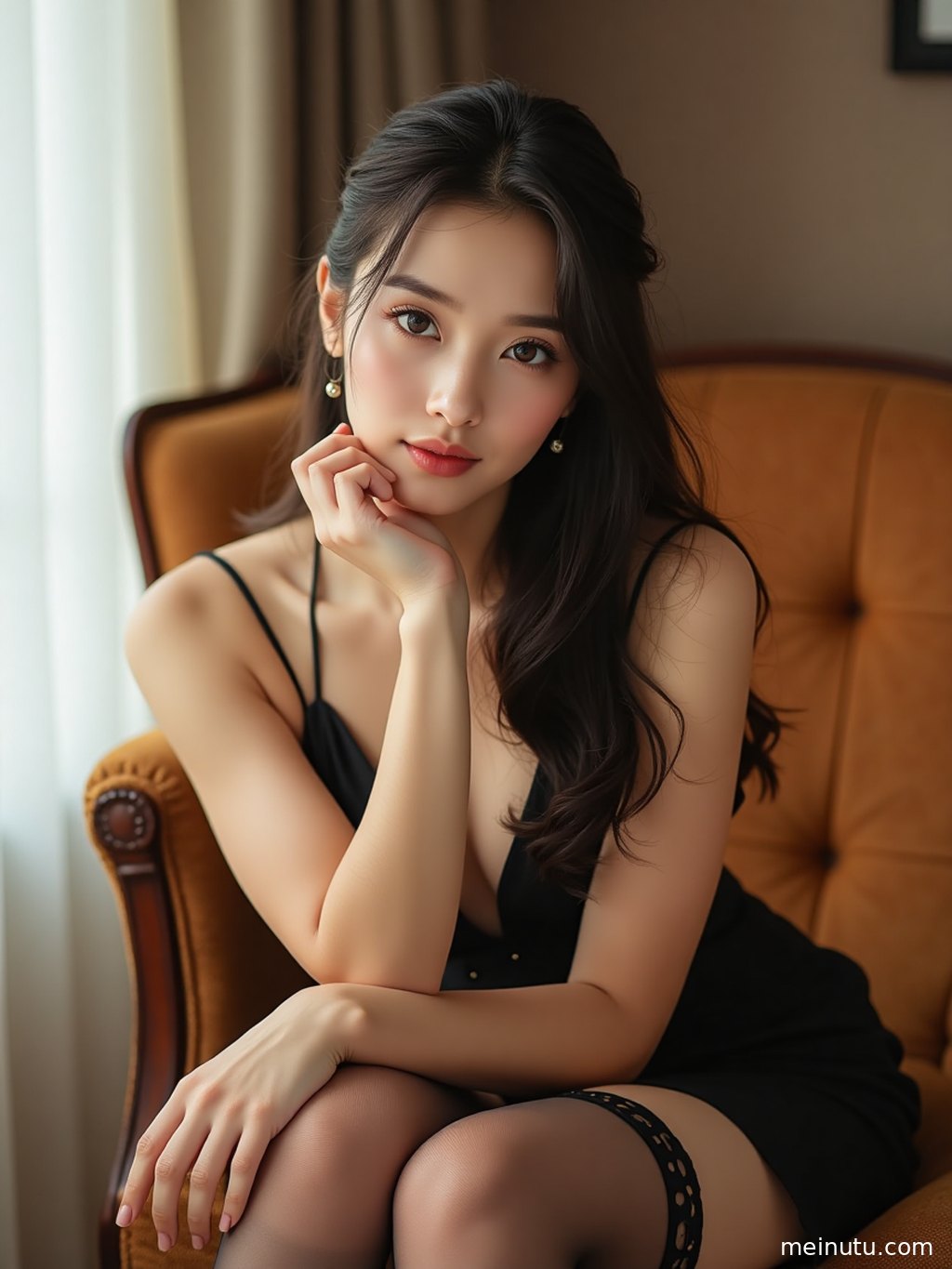 Close-up beauty photo highlighting the delicate weave and smooth shine of thigh high stockings.
