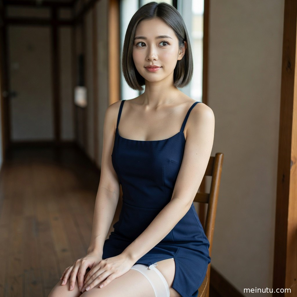 窗边侧身构图呈现丝袜美腿细节，画面带有复古电影感和精致人像质感。