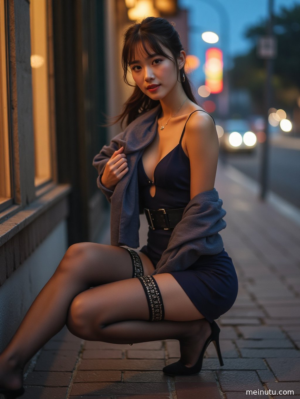 Adult Asian woman in a window-side portrait scene with heels and thigh high stockings, featuring soft lighting and clean wallpaper-ready image quality.
