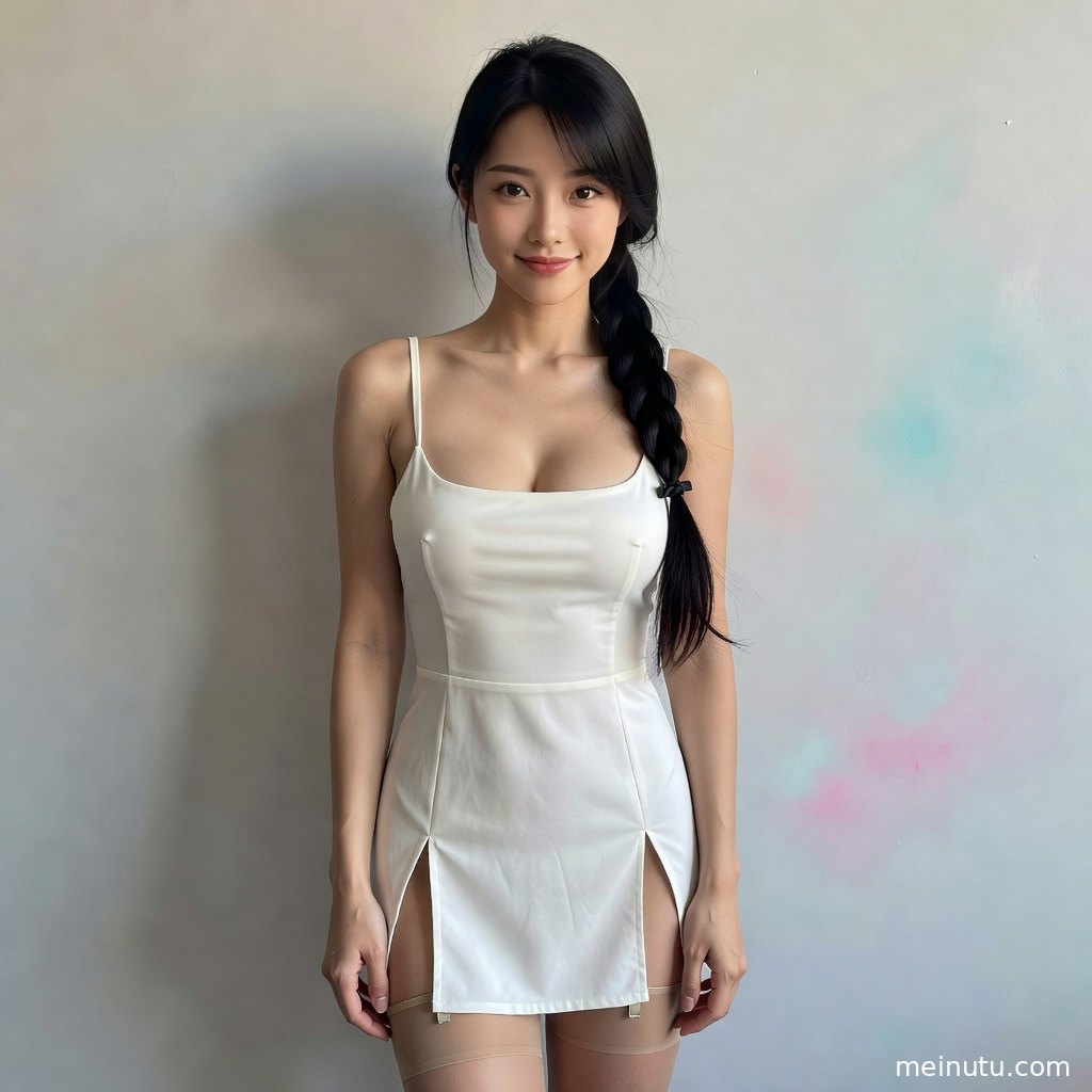 年轻成年女性穿肉色丝袜在自然光棚拍中展示修长美腿与简洁半身构图。