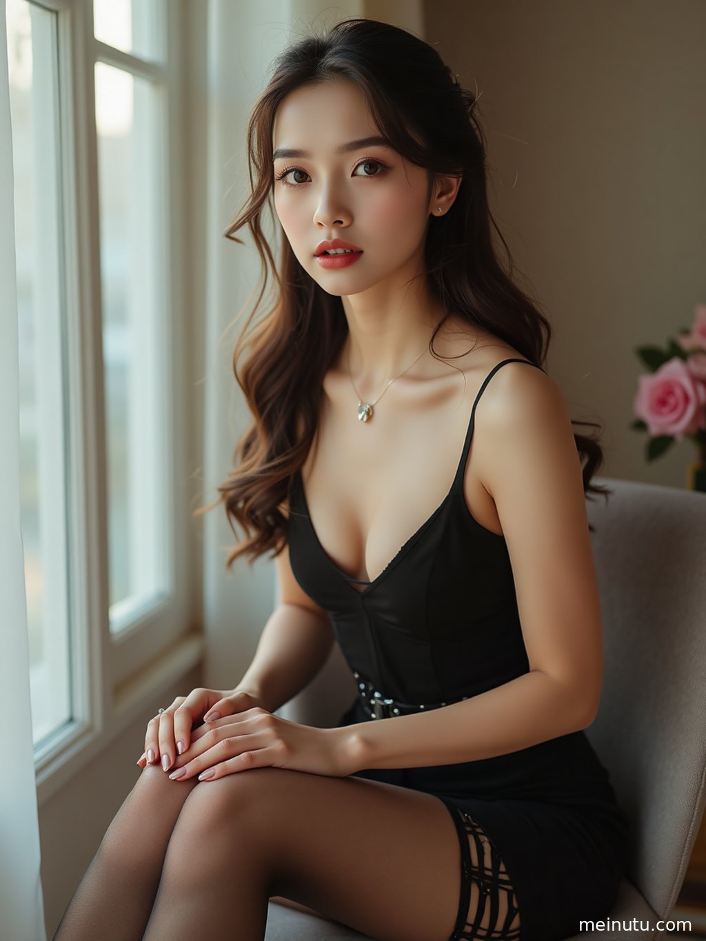 Elegant adult woman resting beside flowers in a fresh garden stockings outfit scene.