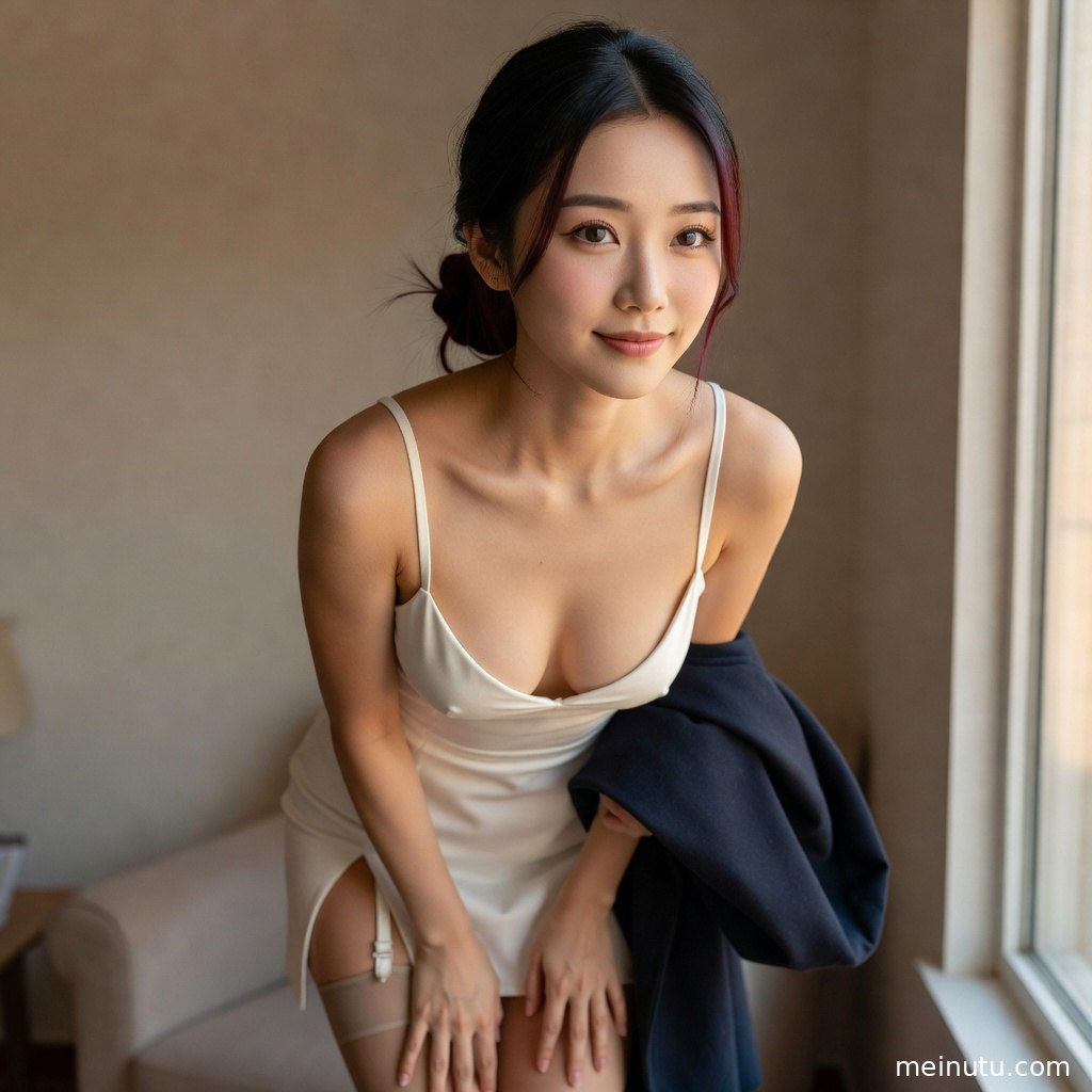 白丝造型的成年女子靠近浅色背景，画面干净适合作壁纸。