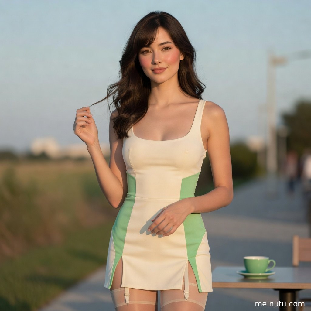 夕阳逆光中的年轻成年女性白丝造型与长腿线条高清图片