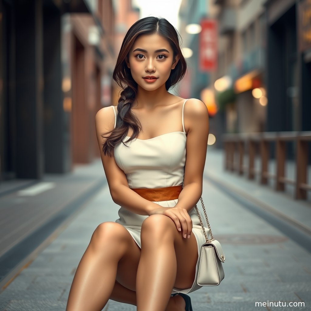 庭院绿植前的丝袜美腿特写，低角度构图突出长腿比例与优雅姿态。