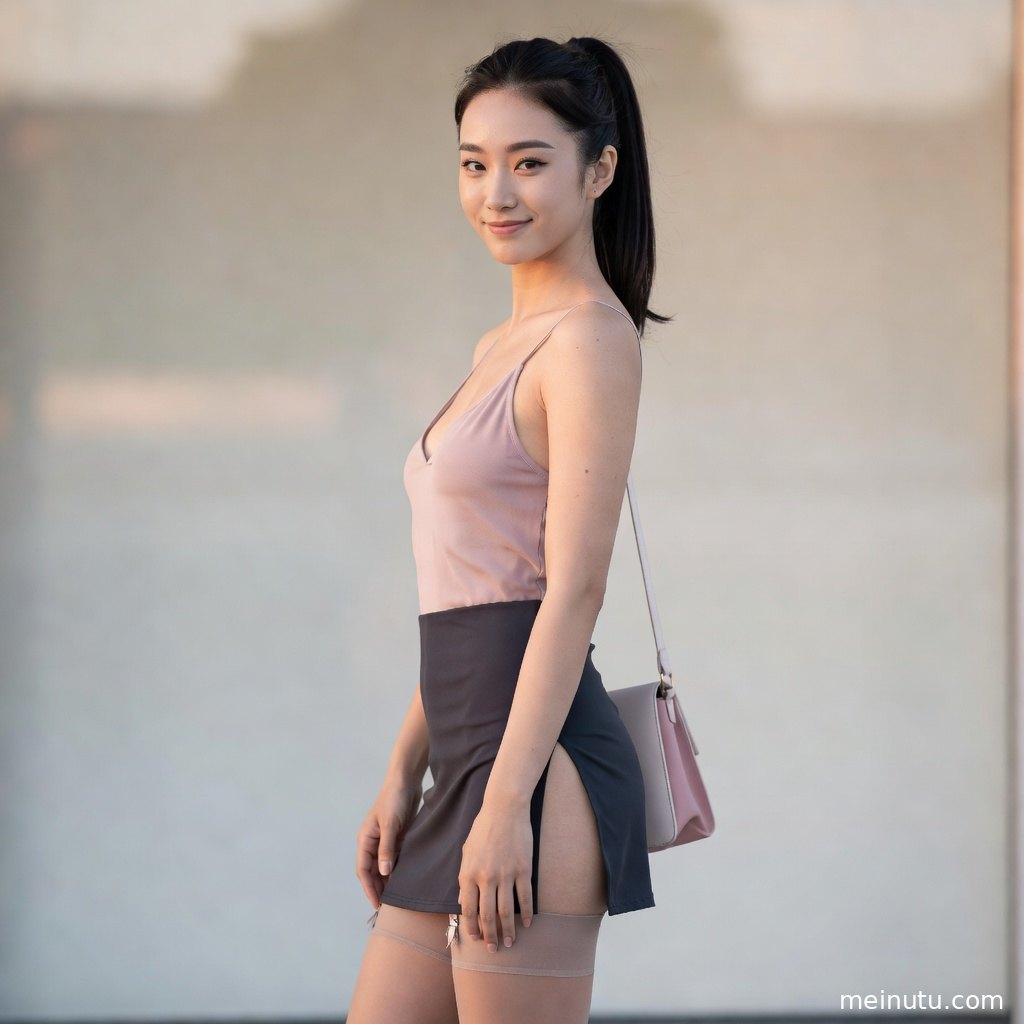 黄昏背景中的丝袜美女写真以清透高光表现腿部轮廓，适合作为高清壁纸收藏。