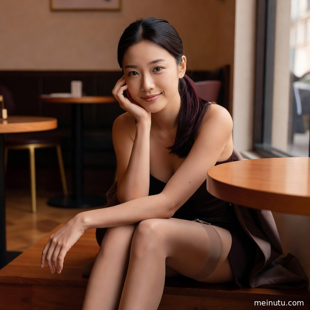 丝袜美女以简约上衣搭配黑丝，柔和阴天光线营造安静写真氛围。