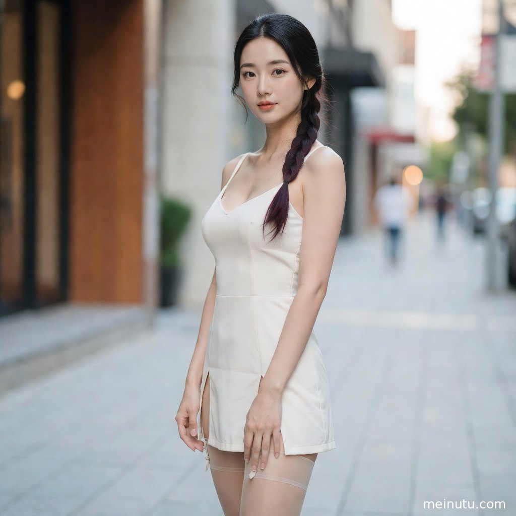 清透高光街拍写真中，年轻成年女性穿丝袜搭配短裙，呈现优雅长腿氛围。
