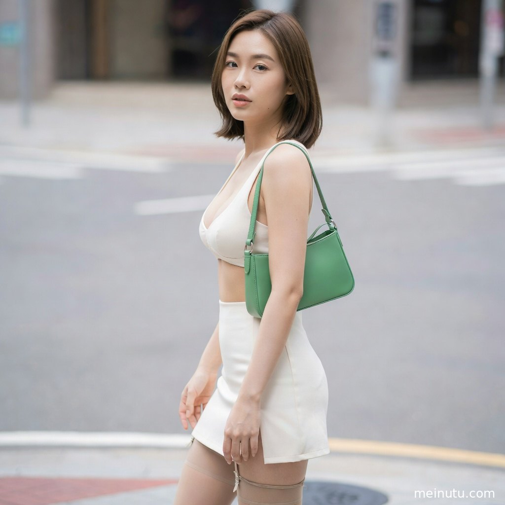 丝袜美女以白丝搭配浅色穿搭出镜，都市街拍氛围明亮柔和