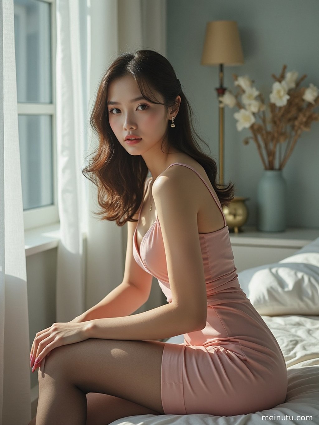 女性置身主题场景中，画面强调优雅丝袜高清写真图集 - 女性魅力展现的柔和光线与高清画质。