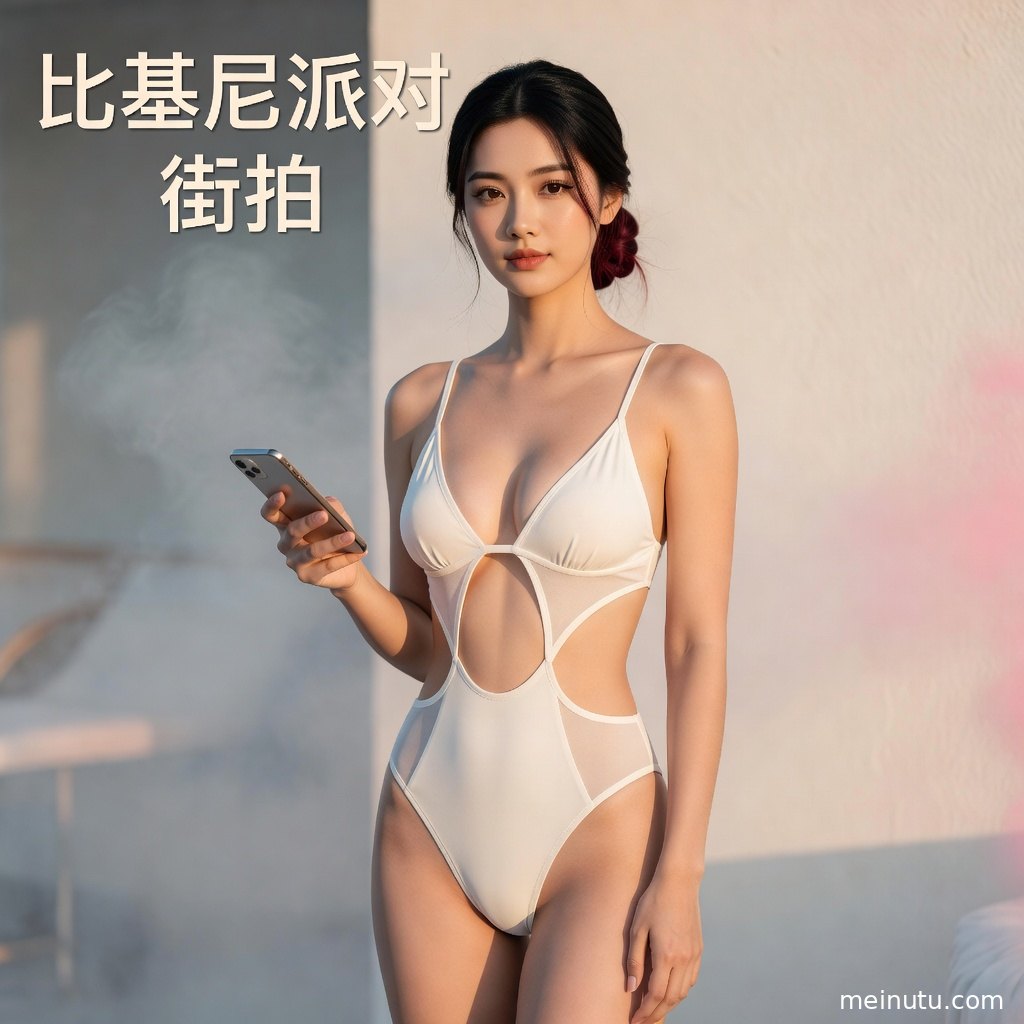 成年女性在柔和自然光下侧身回眸，展现比基尼派对 街拍 暖色侧光的场景层次与光影。