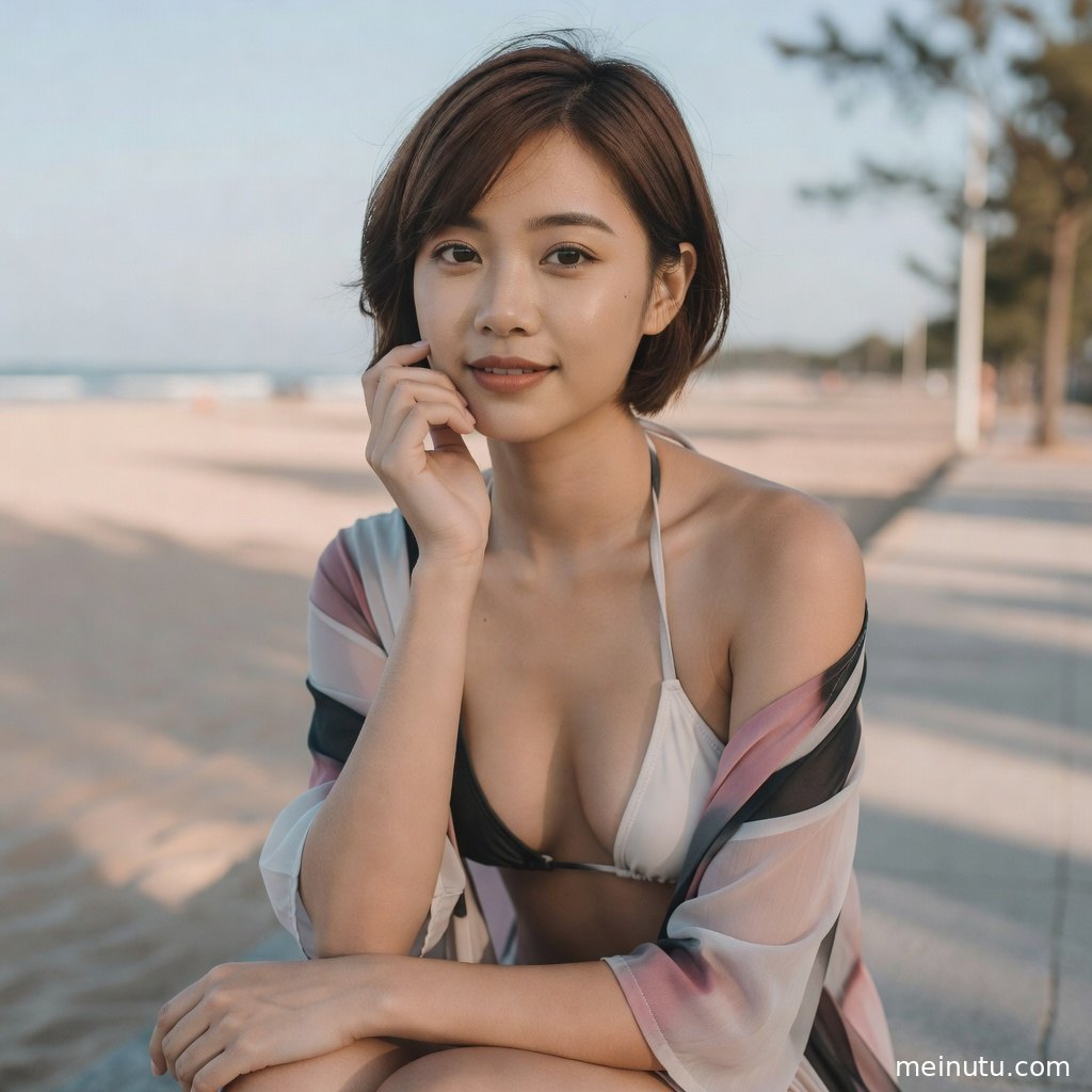 沙滩美女穿比基尼沐浴夕阳侧光，画面清爽明亮适合作为壁纸。