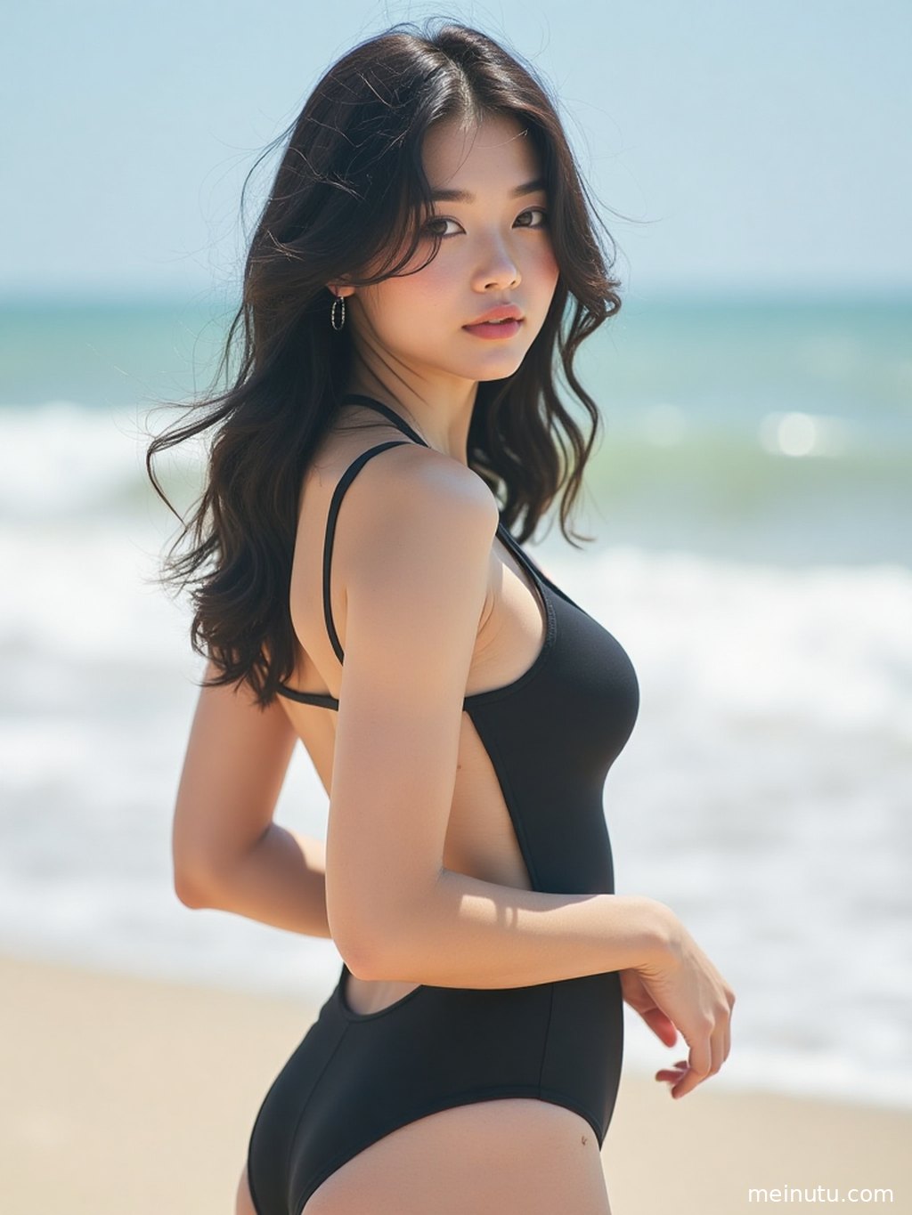 Adult woman in swimwear posing for a half-body beach portrait under bright natural light.