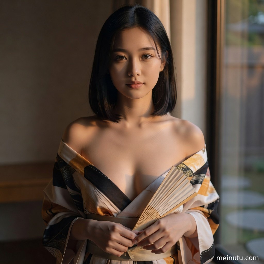年轻成年女性穿着层叠和服坐在窗边，暖色光影营造私房氛围。