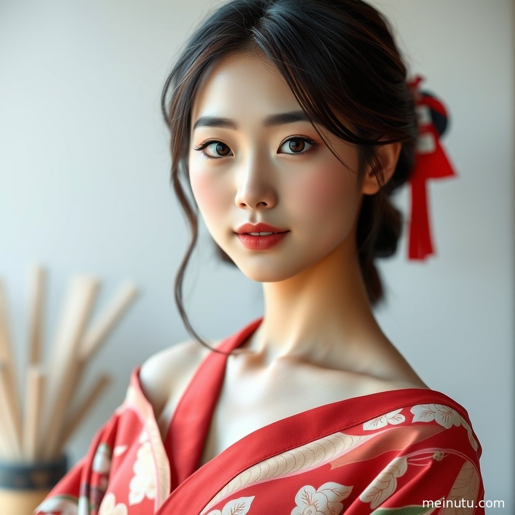 室内木窗旁的和服写真特写，浅色织物与细腻肤色形成温柔对比。