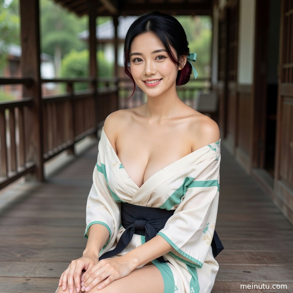 柔和逆光勾勒和服轮廓，极简背景突出成年女性的精致妆容与优雅姿态。