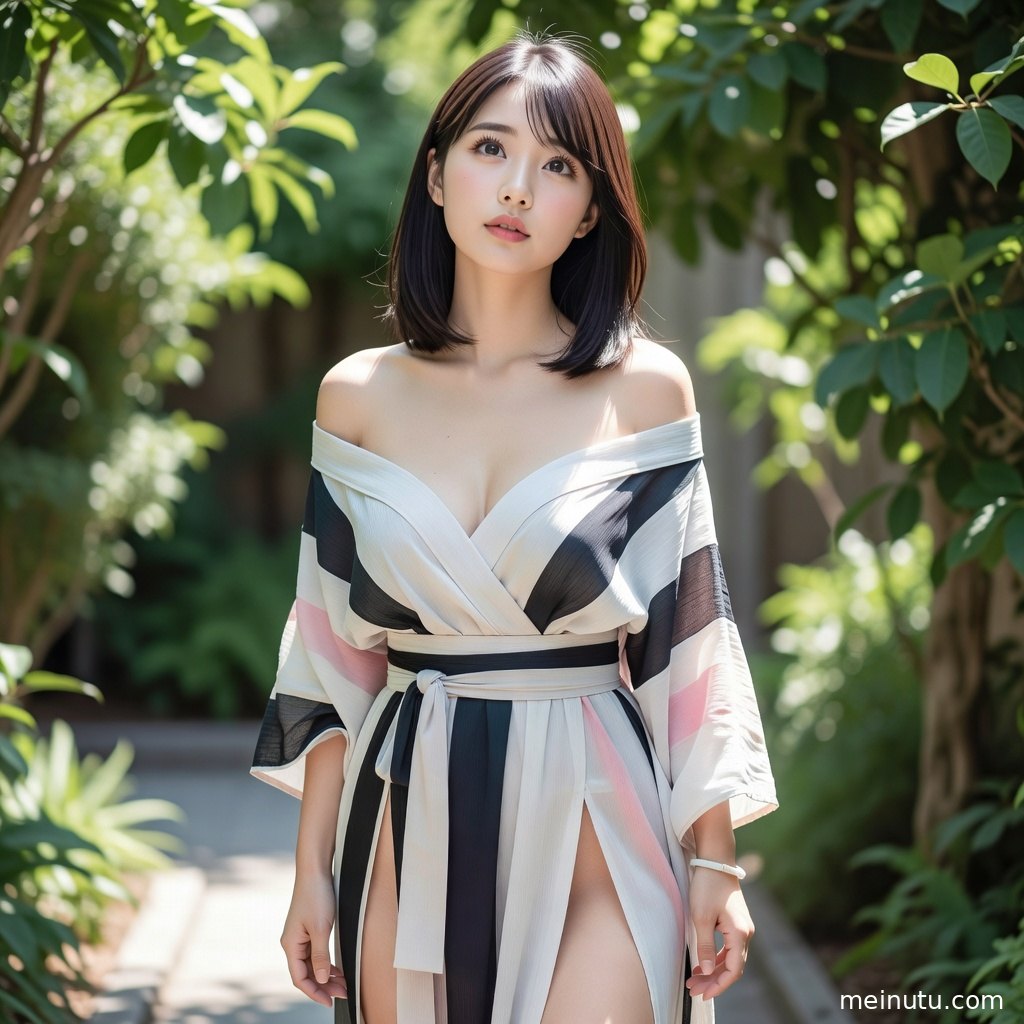成年女性以三分法构图坐在木廊边，和服纹理与背景花园在高清画质中层次分明。