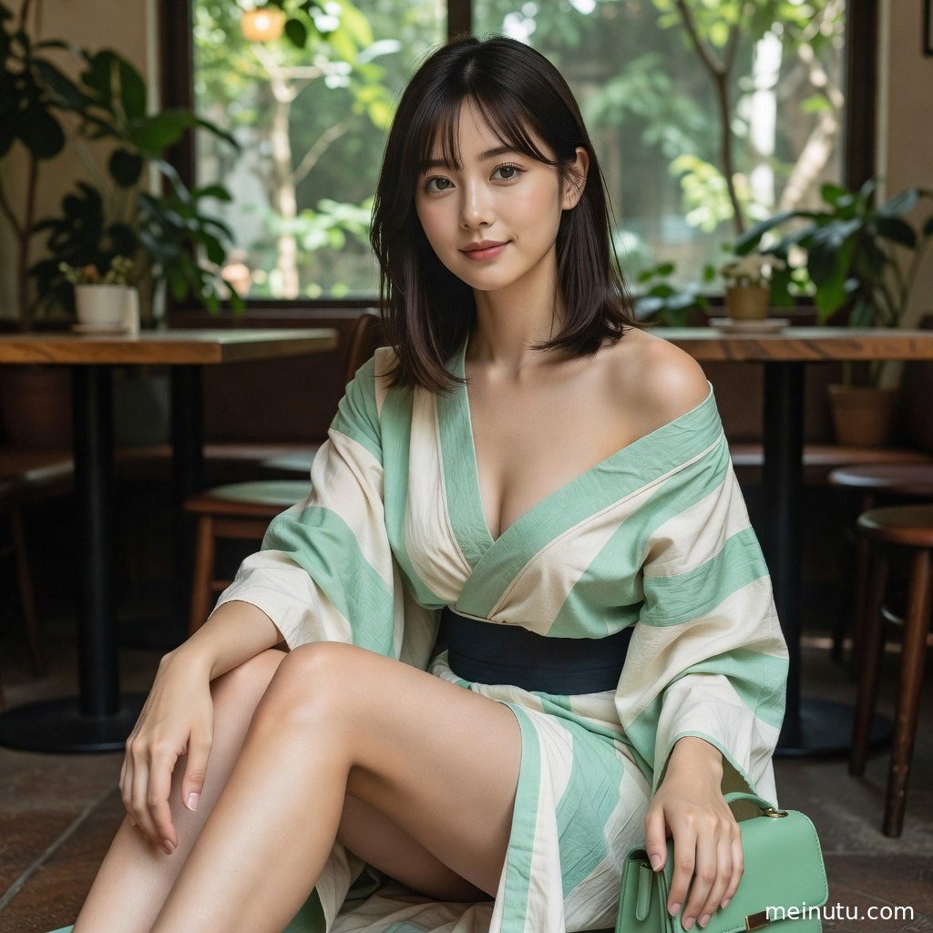 日系和风和服美女在春日花园回眸，柔亮逆光突出清新面容与发饰细节。
