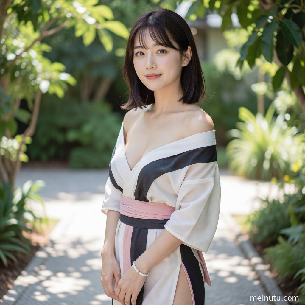 年轻成年女性穿动漫感日本和服立于绿植前，画面明亮通透适合作高清壁纸。
