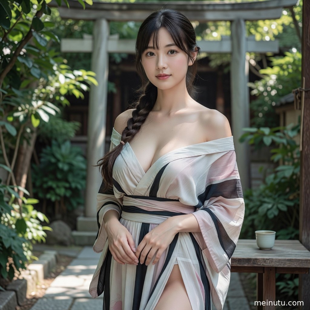 浴衣装扮的年轻成年女性坐在木质廊边，低角度镜头突出花园绿意与服饰纹理。