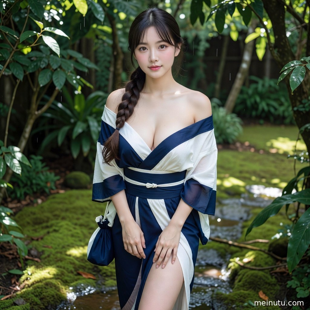和服美女在庭院花影中回眸，阳光穿过枝叶形成清新自然的高清写真画面。