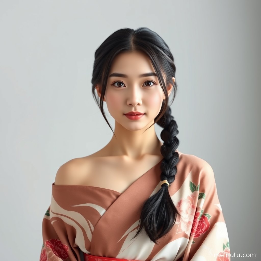年轻成年女性身着浴衣倚靠园中石阶，发饰与衣袖细节在自然光下清晰呈现。