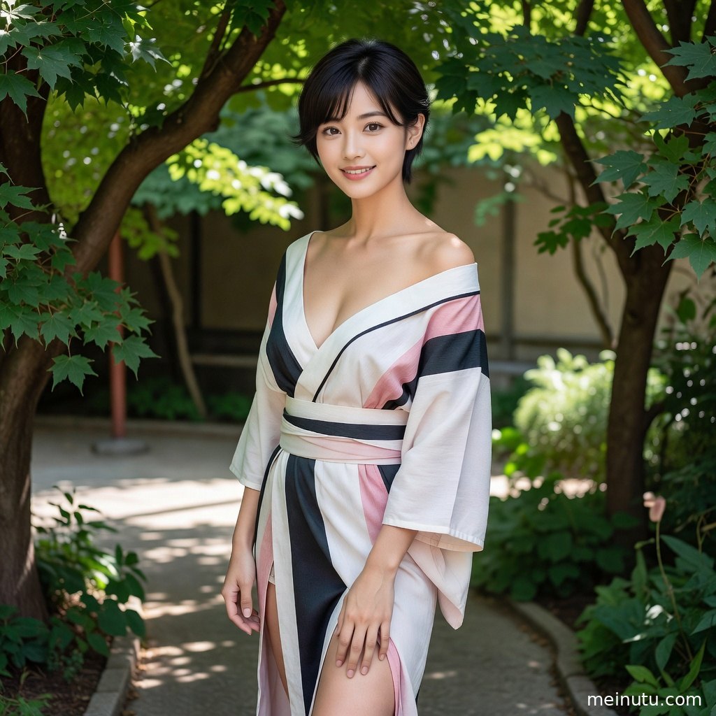 年轻成年女性身着浴衣坐在花丛边，低角度拍摄突出木屐、裙摆与庭院绿意。