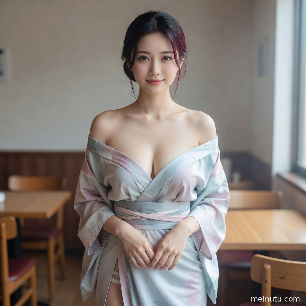 和风美女近景展示和服领口纹理与精致发饰，室内柔光营造安静氛围。