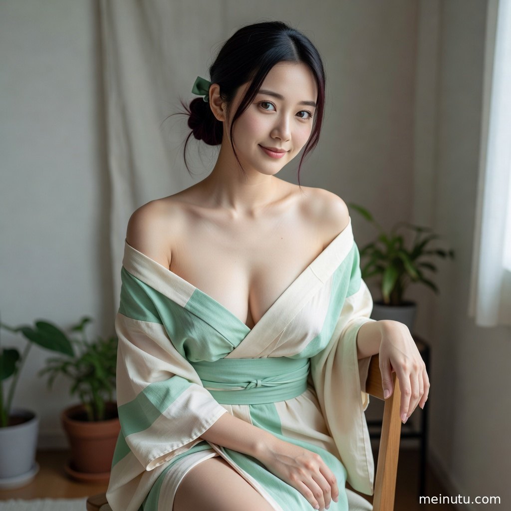 日系和风室内人像以浅色背景和柔光细节突出和服美女高清质感。