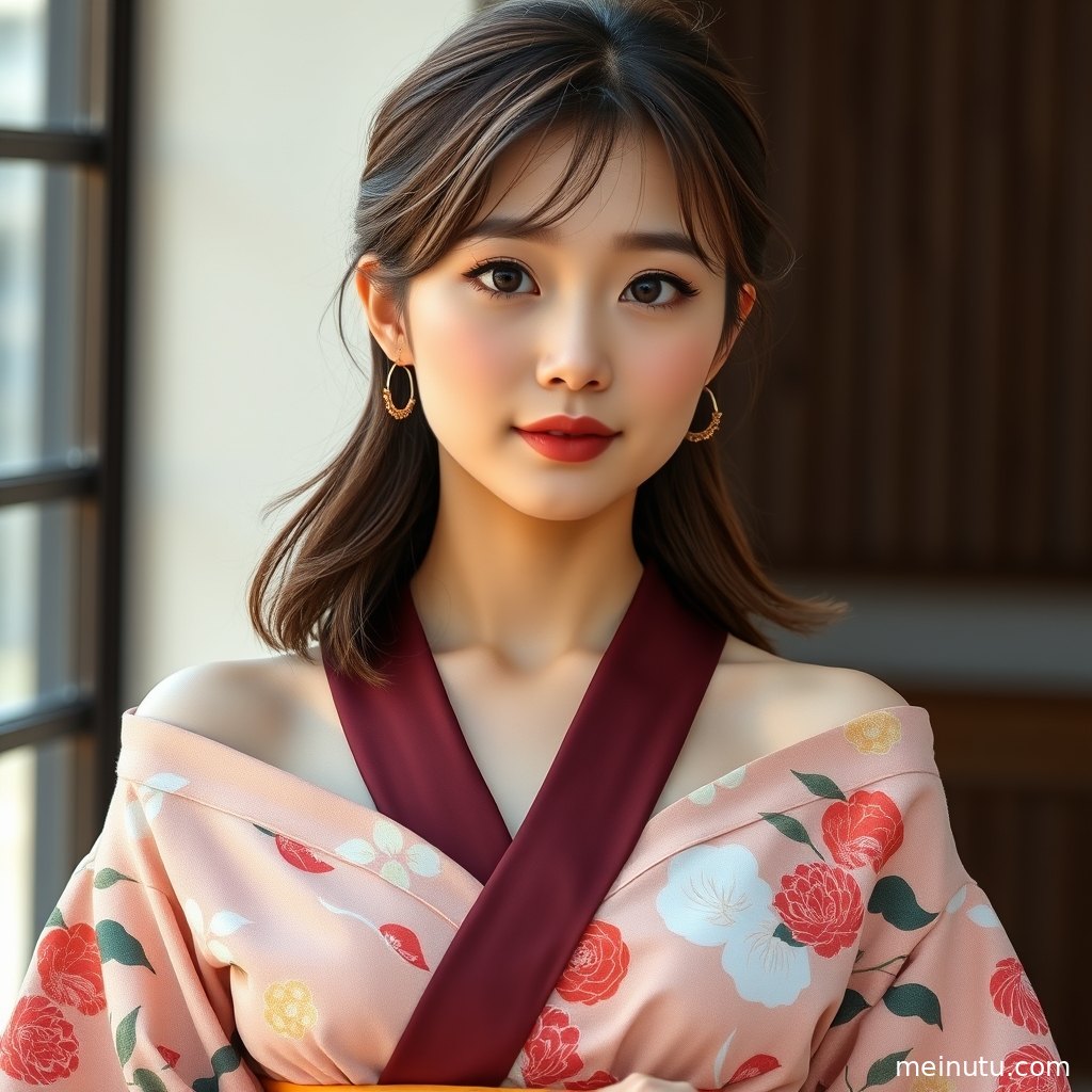 晨光窗边的年轻成年女性身着和服侧身回眸，衣襟微松呈现电影感光影。