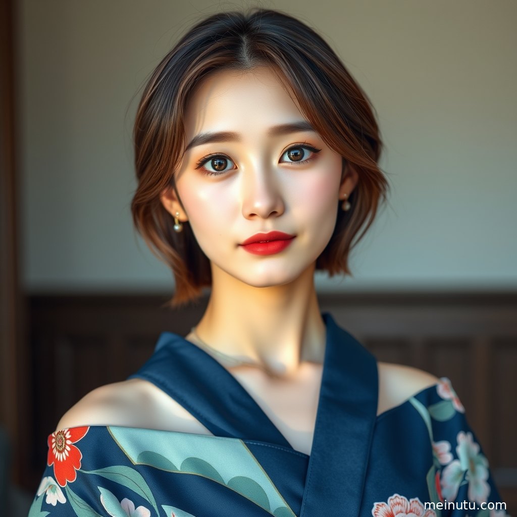 和服美女在柔暖晨光中轻扶衣带，画面展现含蓄和风写真氛围。