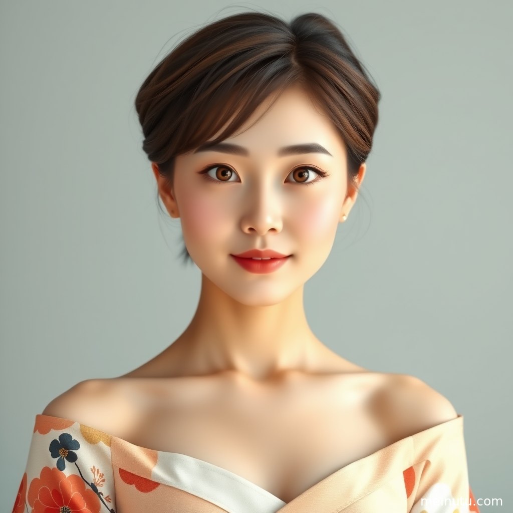 年轻成年女性穿和服立于室内，侧脸轮廓被晨光勾勒出细腻质感。