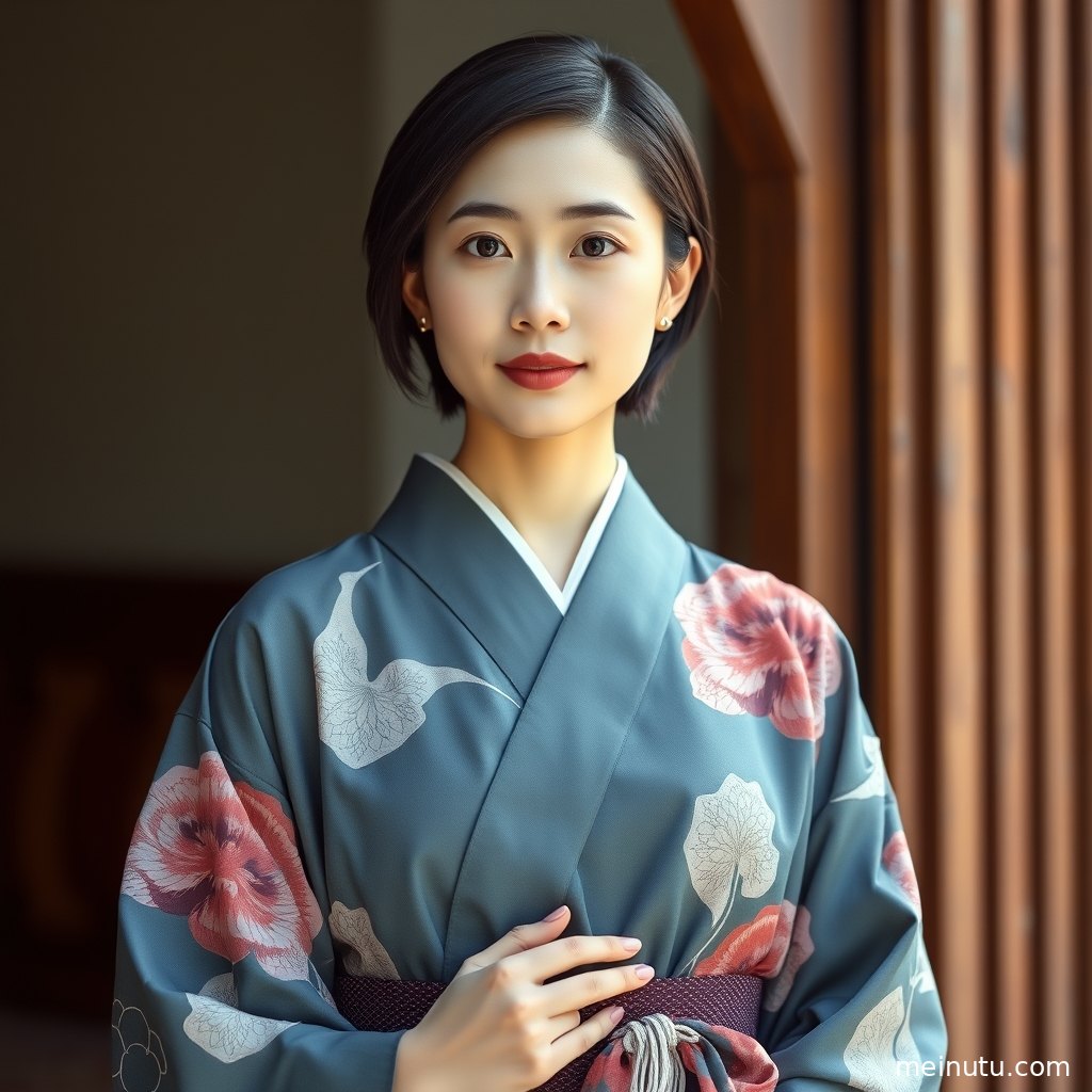 Adult asian woman in an elegant kimono posing softly under warm indoor light.