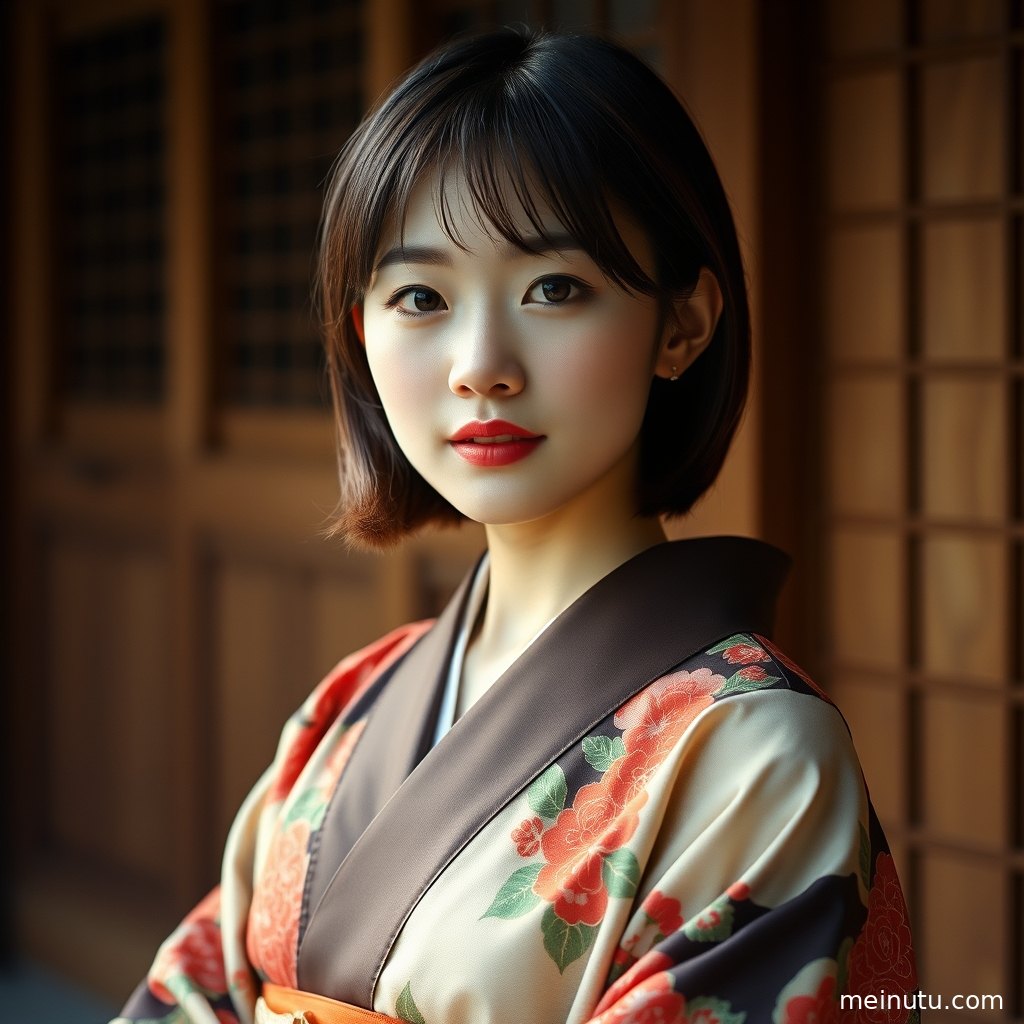 Close-up of an adult asian model in refined kimono styling and delicate makeup.