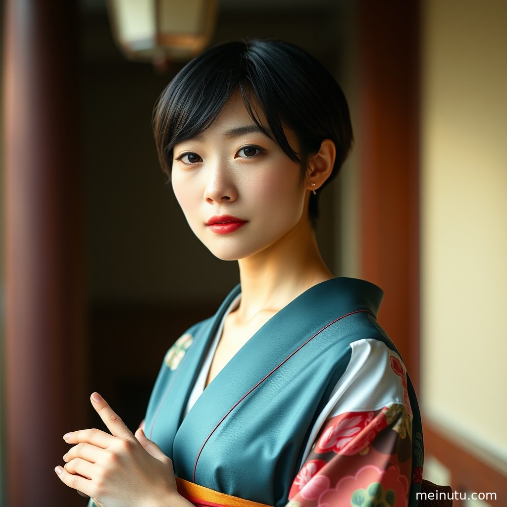 Warm indoor light falls across the shoulder of a kimono-clad adult woman in a serene portrait.
