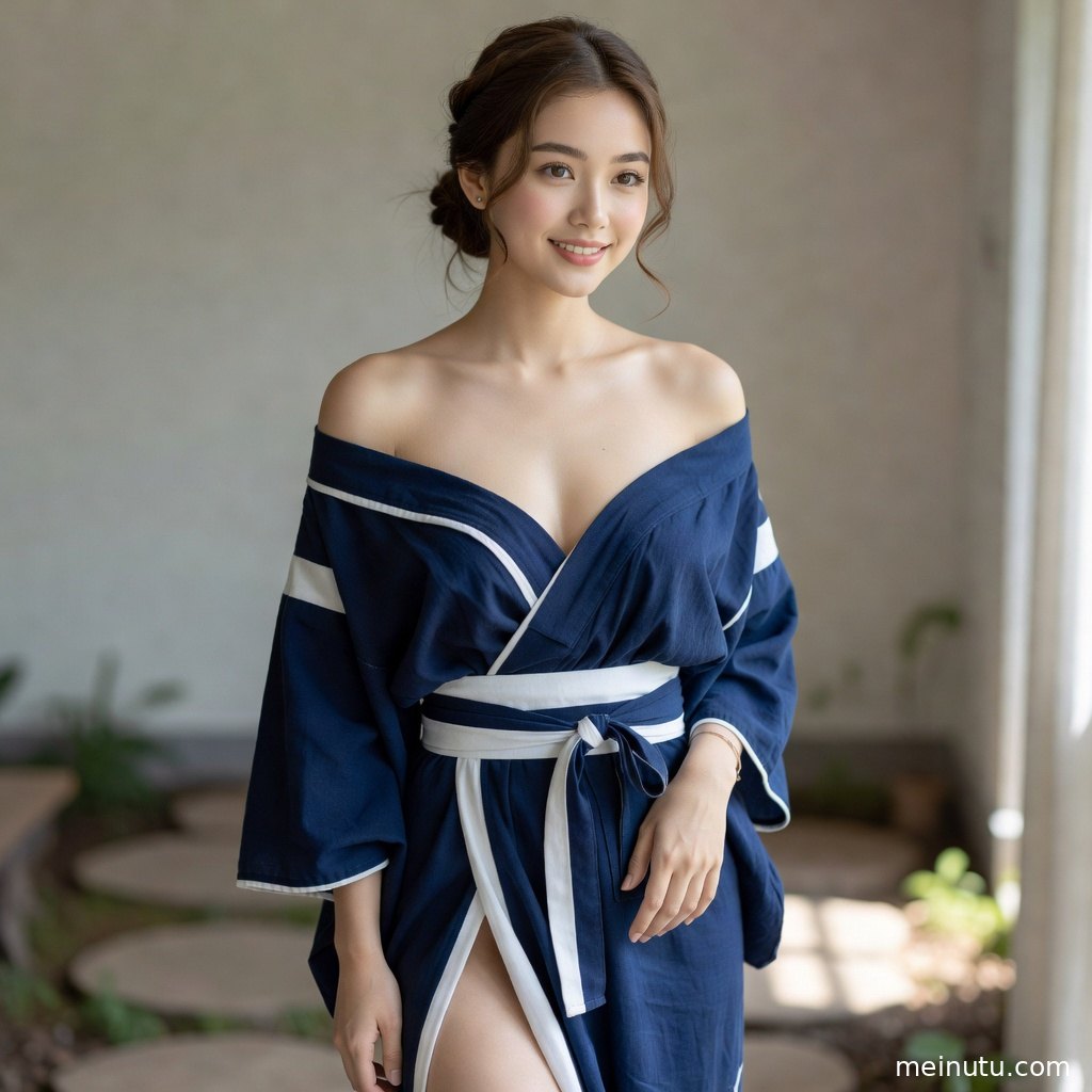 和服美女以低角度构图望向镜头，柔光突出面部轮廓与发饰细节。